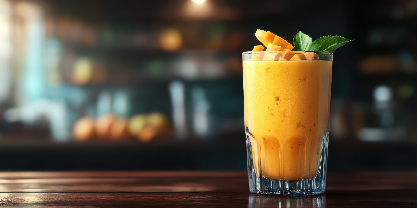 Fresh mango smoothie served in a clear glass with mint leaves on a rustic wooden bar at a cozy cafe in the afternoon